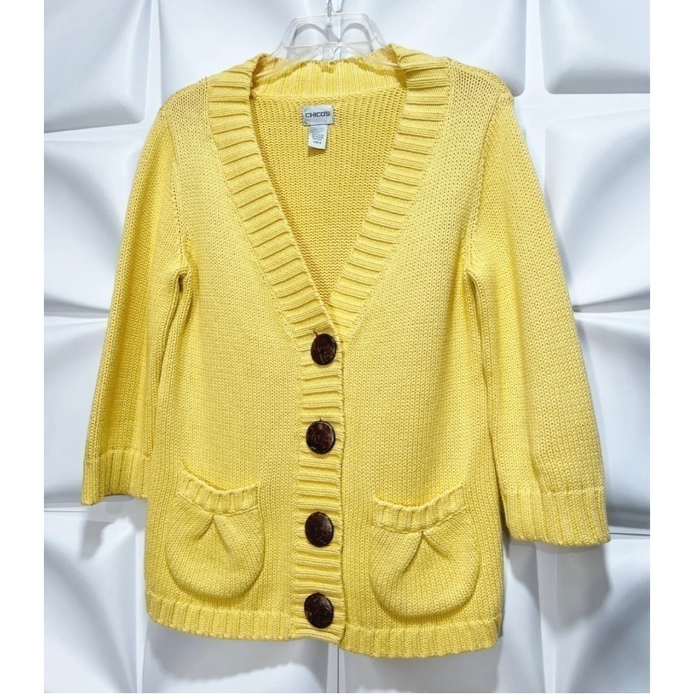 Chico's 0 Sz S Yellow 100% Cotton Chunky Cardigan Sweater Womens